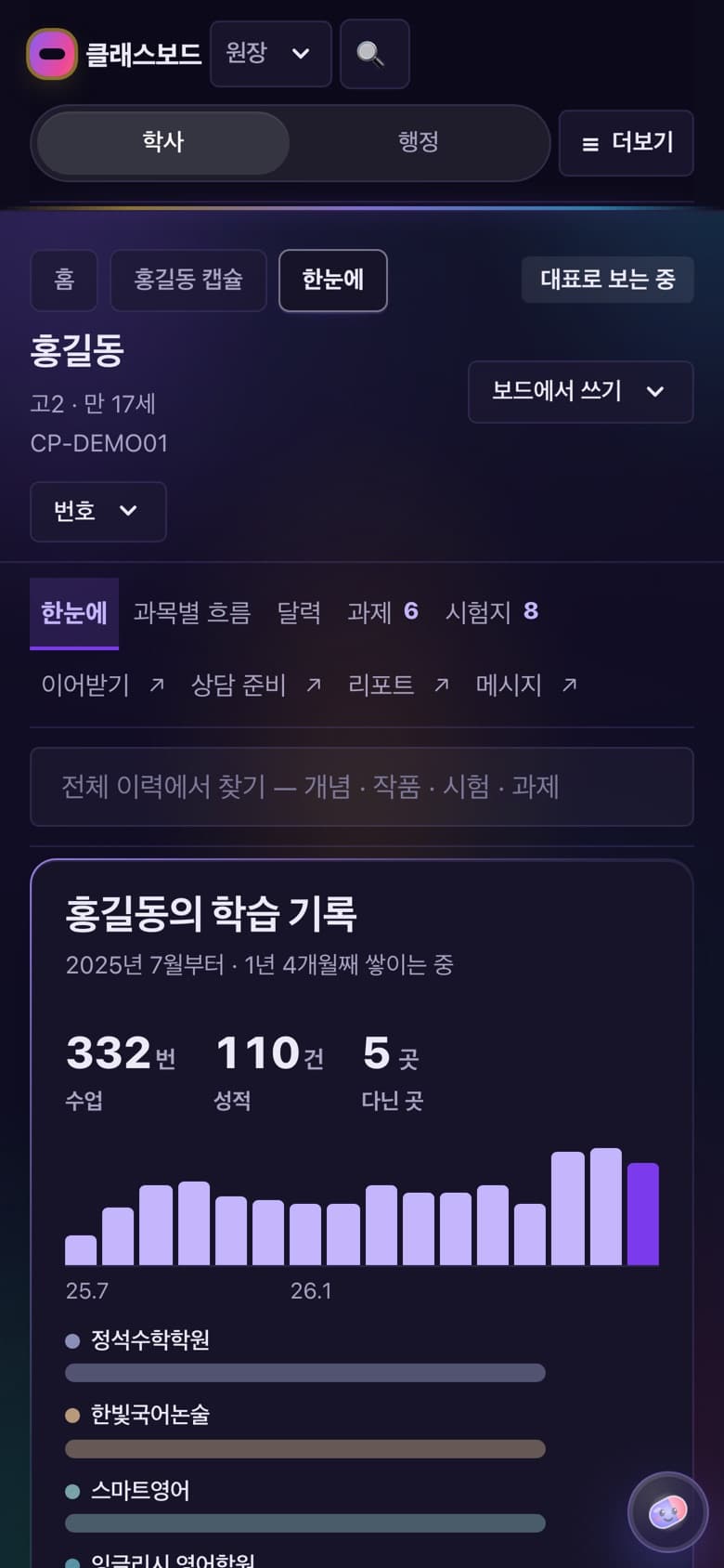 클래스보드 앱 화면 — 학생 캡슐 · 학부모 홈 · 학습 리포트